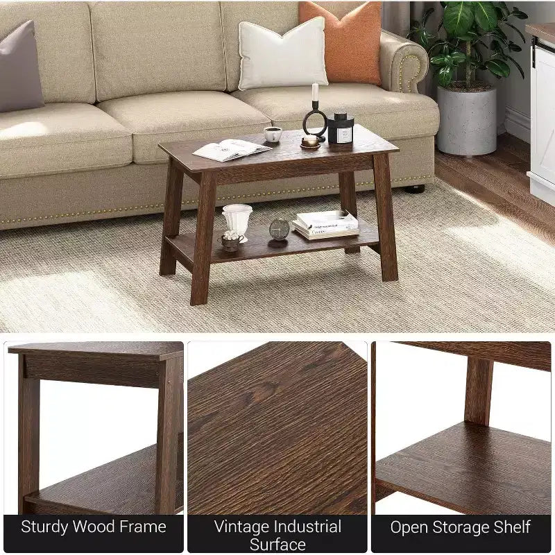 Table basse avec deux niveaux de rangement, table basse de salon moderne de style ferme industrielle, facile à assembler