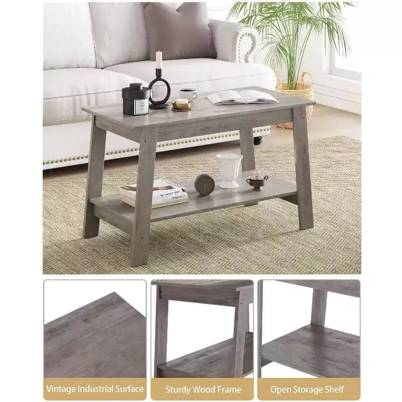 Table basse avec deux niveaux de rangement, table basse de salon moderne de style ferme industrielle, facile à assembler