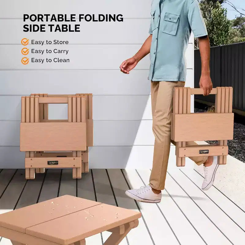 Table d'appoint pliante petite VINGLI en PEHD, tables basses d'appoint portables en plastique imperméables de style Adirondack, couleur teck