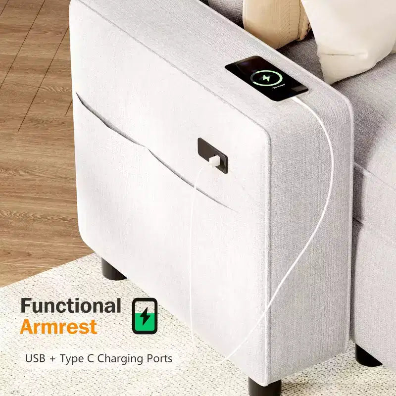 Canapé-lit modulaire sectionnel Dyonery avec lit gigogne, canapé sectionnel en U avec ports USB/dossier réglable/2 sièges de rangement