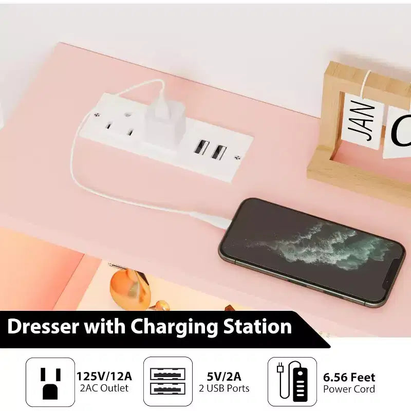 Commode lumineuse, commode moderne noire à 6 tiroirs avec station de charge, étagère ouverte, grand meuble de rangement pour salon, chambre à coucher
