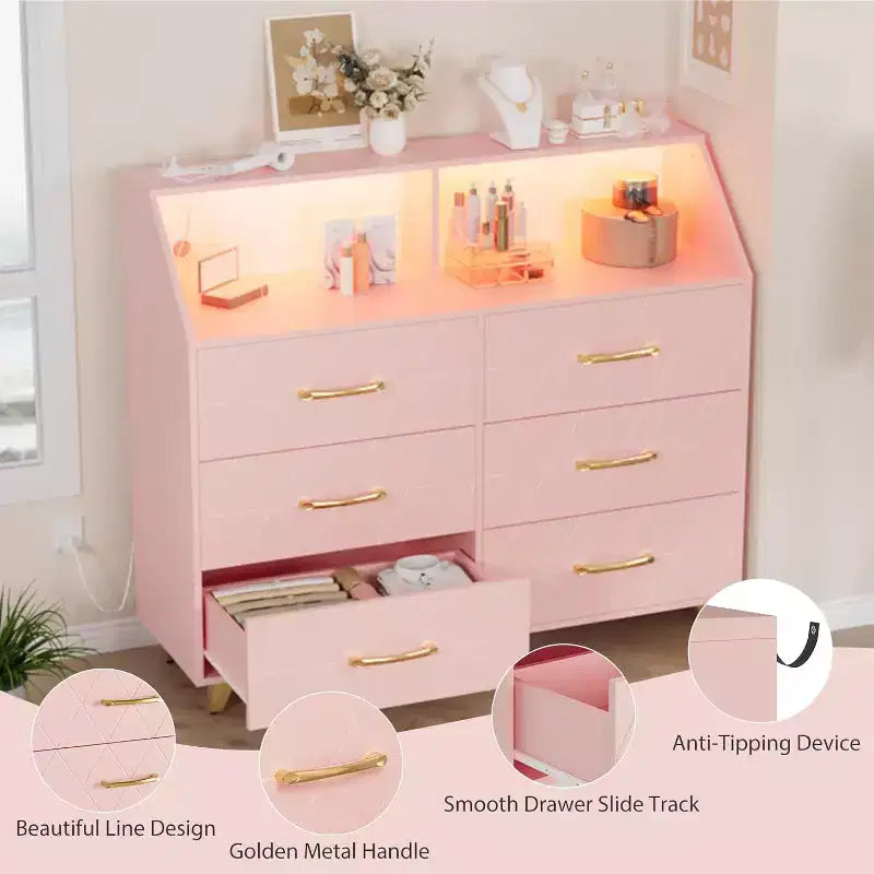Commode lumineuse, commode moderne noire à 6 tiroirs avec station de charge, étagère ouverte, grand meuble de rangement pour salon, chambre à coucher