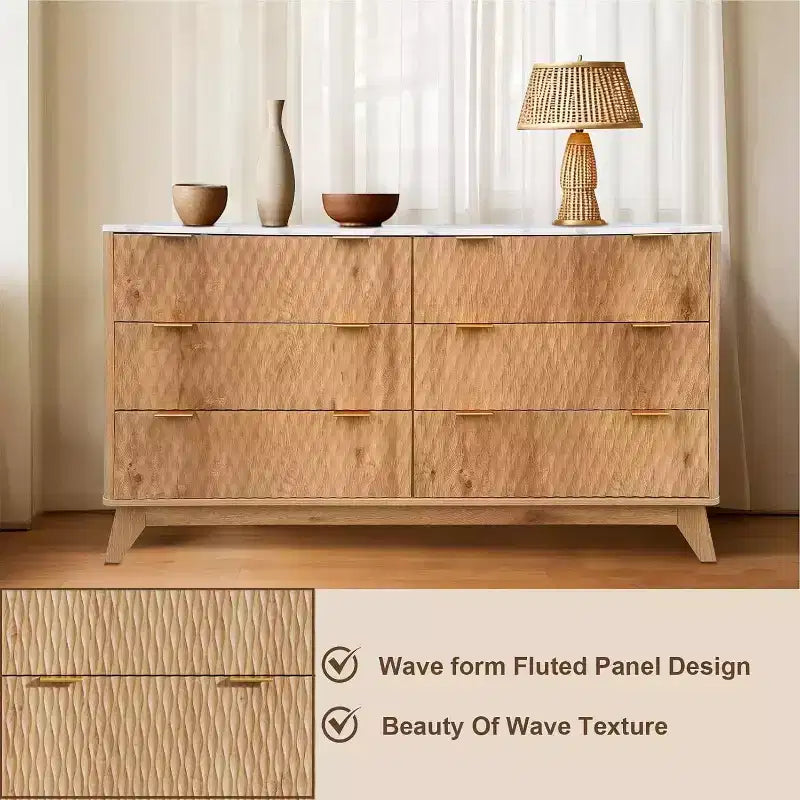 Commode de chambre en bois, commode à six tiroirs avec motif goutte de 54 po et dessus en faux marbre, pour chambre d'enfant, chambre à coucher, salon (chêne).