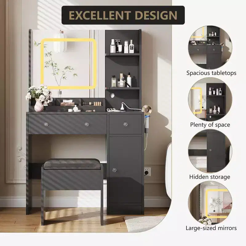 Coiffeuse et tabouret avec miroir et lumières, coiffeuse avec station de recharge, tiroirs, étagères de rangement