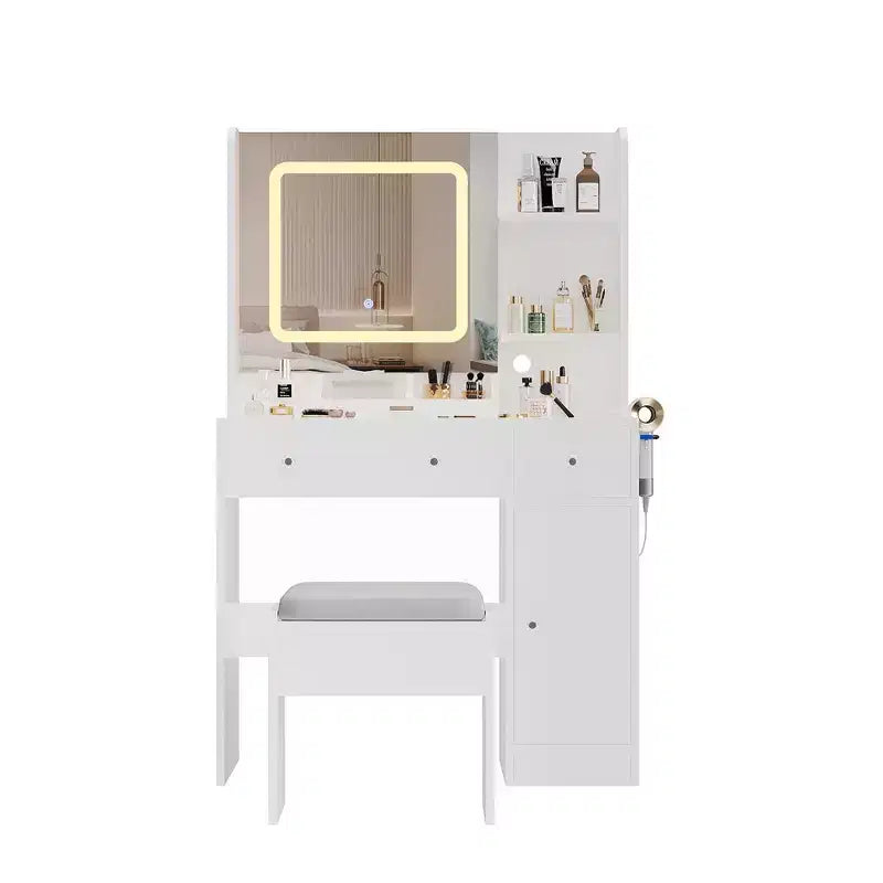 Coiffeuse et tabouret avec miroir et lumières, coiffeuse avec station de recharge, tiroirs, étagères de rangement