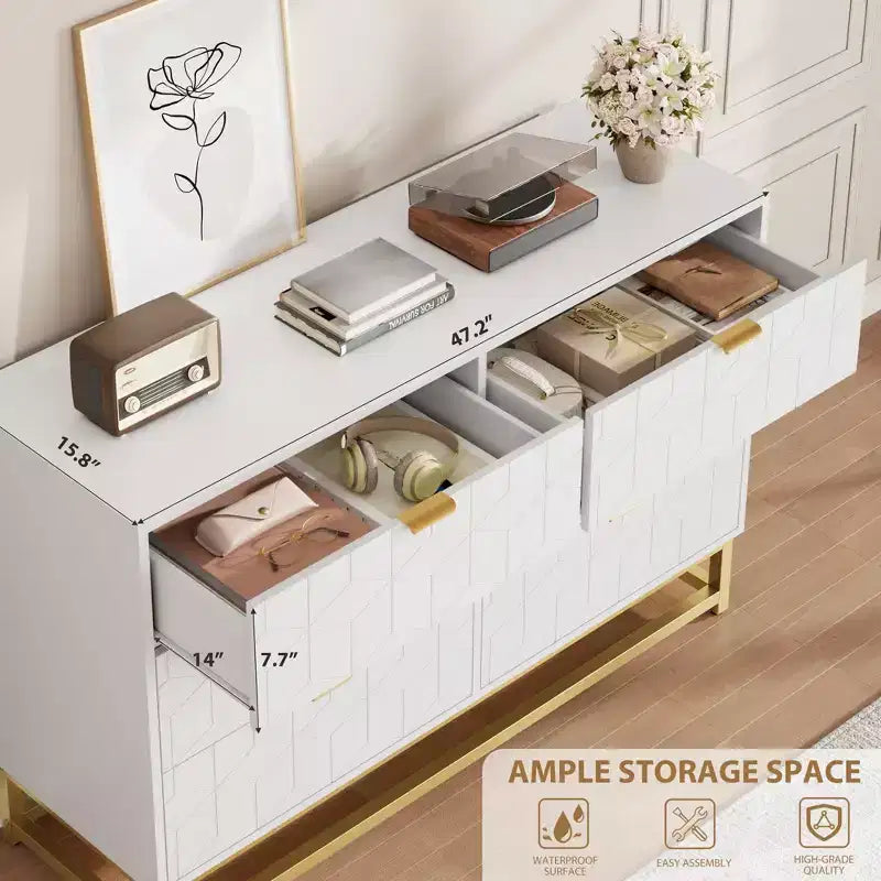 Commode TROPOW islamique géométrique à 6 tiroirs (120x80x45Cm) - Commode en bois d'acacia de qualité supérieure et métal doré avec étagère à Coran pour Majlis et chambres à coucher