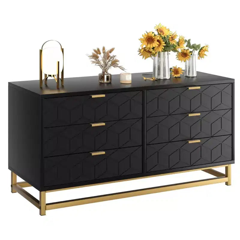 TROPOW Islamic Geometric 6-Drawer Dresser (120x80x45Cm) - Premium Acacia Wood & Gold-Accent Metal Dresser with Quran Shelf for Majlis & Bedrooms