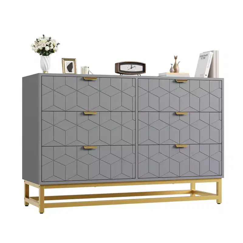 Commode TROPOW islamique géométrique à 6 tiroirs (120x80x45Cm) - Commode en bois d'acacia de qualité supérieure et métal doré avec étagère à Coran pour Majlis et chambres à coucher