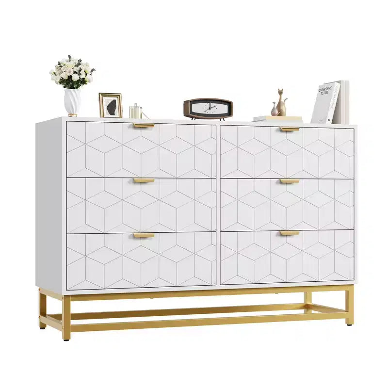 Commode TROPOW islamique géométrique à 6 tiroirs (120x80x45Cm) - Commode en bois d'acacia de qualité supérieure et métal doré avec étagère à Coran pour Majlis et chambres à coucher