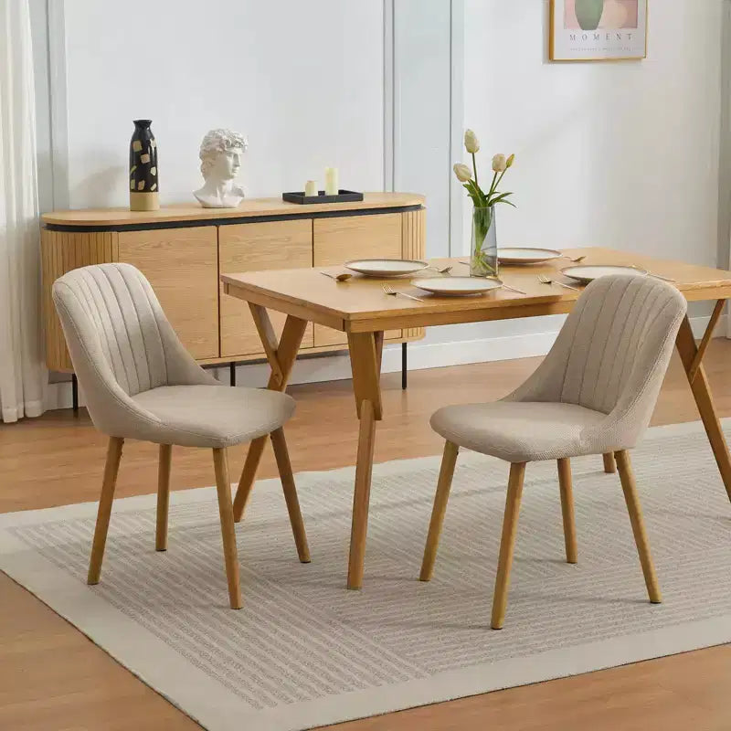 Dining Chairs Set of 2,Modern Fabric Upholstered Kitchen Side Chairs,Curved Backrest Dining Chairs with Oak Legs,Armless Dining Chair (Beige)