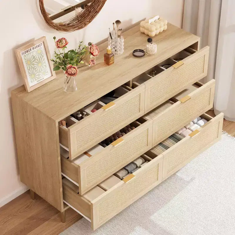 Commode TROPOW en rotin naturel à 6 tiroirs pour chambre à coucher, commode moderne avec pieds et poignées dorés, commode double large avec grand plateau