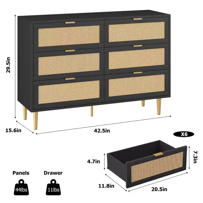 Commode TROPOW en rotin naturel à 6 tiroirs pour chambre à coucher, commode moderne avec pieds et poignées dorés, commode double large avec grand plateau