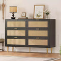 TROPOW Natural Rattan 6 Drawer Dresser for Bedroom, Modern Chest of Drawers with Gold Legs and Gold Handles, Wide Double Dresser with Large Tabletop