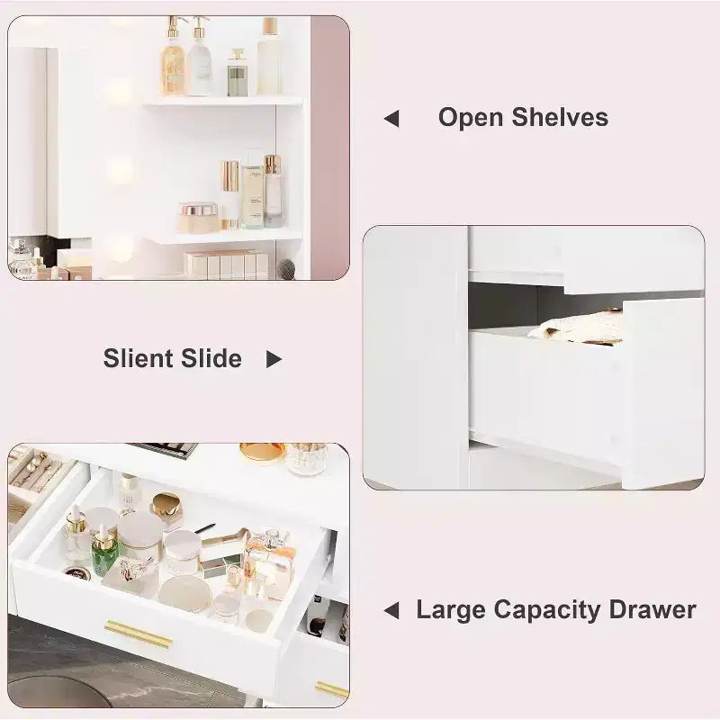 DobleePy 61 Coiffeuse avec Miroir LED, 3 Modes d'Éclairage, 8 Tiroirs et 2 Étagères, Luminosité Réglable, en MDF Robuste