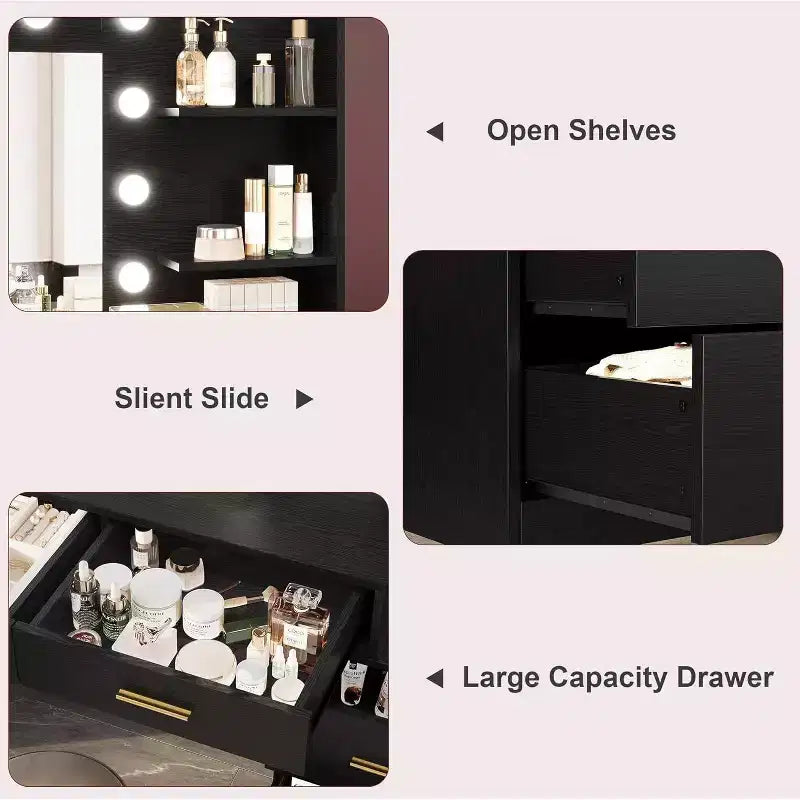 DobleePy 61 Coiffeuse avec Miroir LED, 3 Modes d'Éclairage, 8 Tiroirs et 2 Étagères, Luminosité Réglable, en MDF Robuste