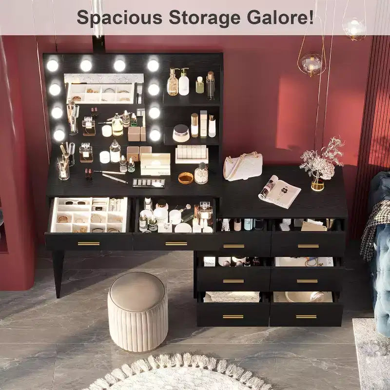 DobleePy 61 Coiffeuse avec Miroir LED, 3 Modes d'Éclairage, 8 Tiroirs et 2 Étagères, Luminosité Réglable, en MDF Robuste