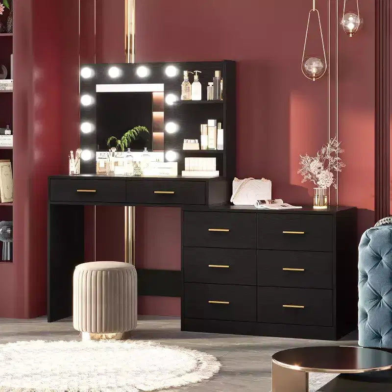 DobleePy 61 Coiffeuse avec Miroir LED, 3 Modes d'Éclairage, 8 Tiroirs et 2 Étagères, Luminosité Réglable, en MDF Robuste