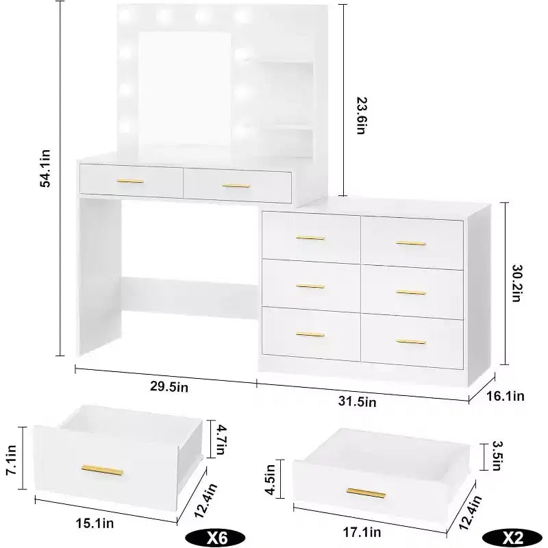 DobleePy 61 Coiffeuse avec Miroir LED, 3 Modes d'Éclairage, 8 Tiroirs et 2 Étagères, Luminosité Réglable, en MDF Robuste