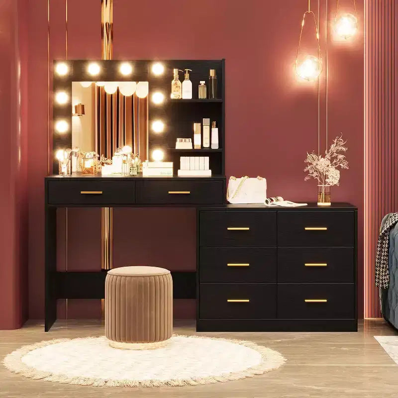 DobleePy 61 Makeup Vanity Desk with LED Mirror Lights, 3 Lighting Modes, 8 Drawers & 2 Shelves, Adjustable Brightness, Sturdy MDF