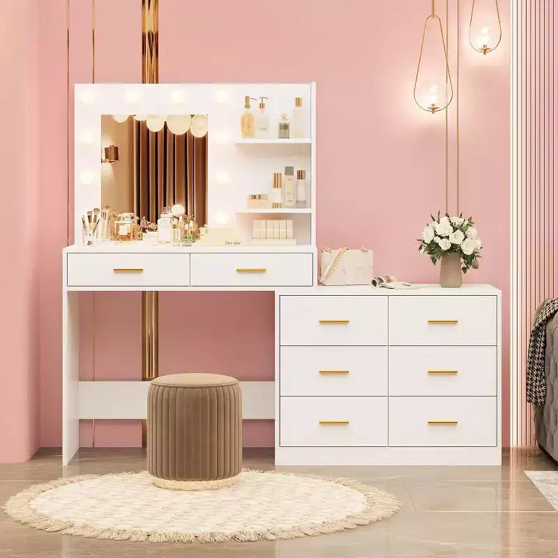 DobleePy 61 Coiffeuse avec Miroir LED, 3 Modes d'Éclairage, 8 Tiroirs et 2 Étagères, Luminosité Réglable, en MDF Robuste