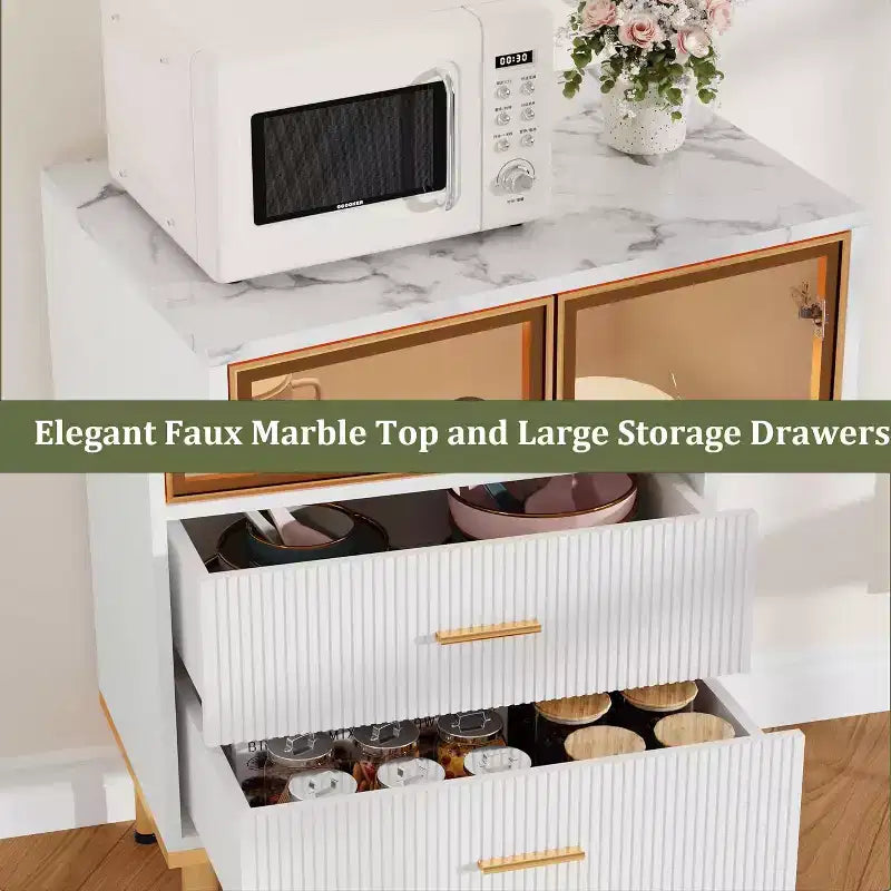 DobleePy 71 Meuble de rangement de cuisine avec lumières LED, station de charge intégrée, étagères réglables et support pour micro-ondes, rangement moderne sans poignée