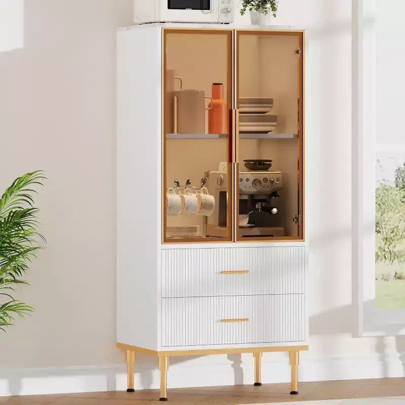 DobleePy 71 Meuble de rangement de cuisine avec lumières LED, station de charge intégrée, étagères réglables et support pour micro-ondes, rangement moderne sans poignée