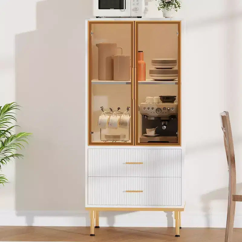 DobleePy 71 Meuble de rangement de cuisine avec lumières LED, station de charge intégrée, étagères réglables et support pour micro-ondes, rangement moderne sans poignée