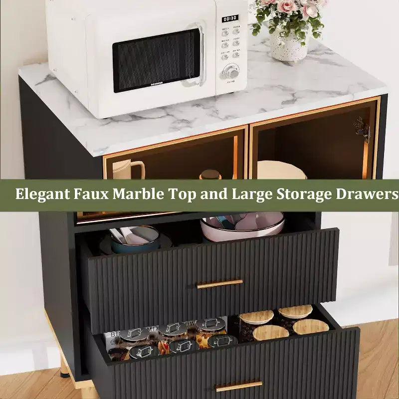 DobleePy 71 Meuble de rangement de cuisine avec lumières LED, station de charge intégrée, étagères réglables et support pour micro-ondes, rangement moderne sans poignée