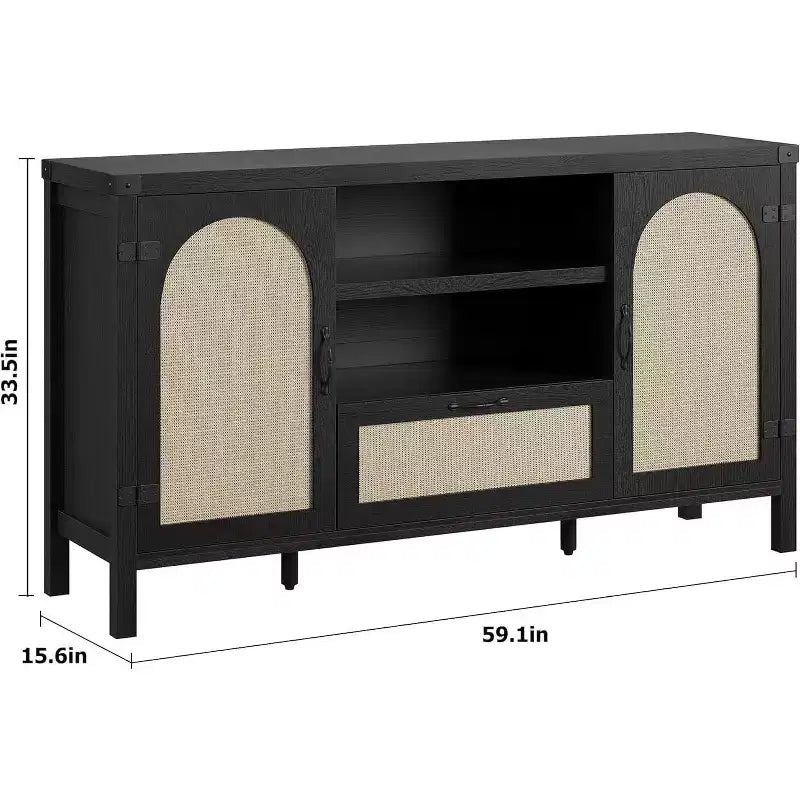 DobleePy 59 Buffet en rotin noir avec portes, tiroir et étagères réglables, buffet de bar à café style bohème et ferme pour cuisine et salon
