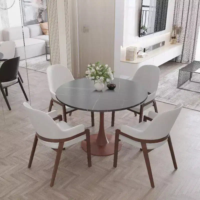 Table de salle à manger ronde LeisureMod Bristol 31 avec plateau en pierre frittée et piètement central en acier couleur cerisier pour cuisine et salle à manger modernes