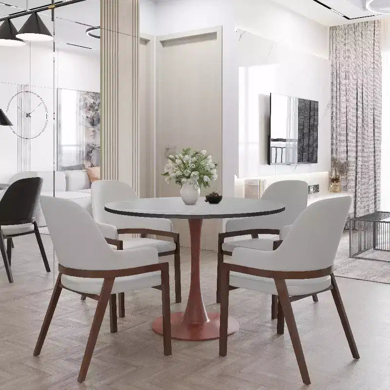 Table de salle à manger ronde LeisureMod Bristol 31 avec plateau en pierre frittée et piètement central en acier couleur cerisier pour cuisine et salle à manger modernes