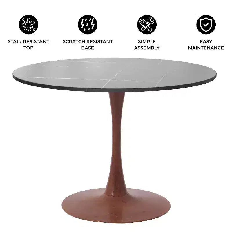 Table de salle à manger ronde LeisureMod Bristol 31 avec plateau en pierre frittée et piètement central en acier couleur cerisier pour cuisine et salle à manger modernes