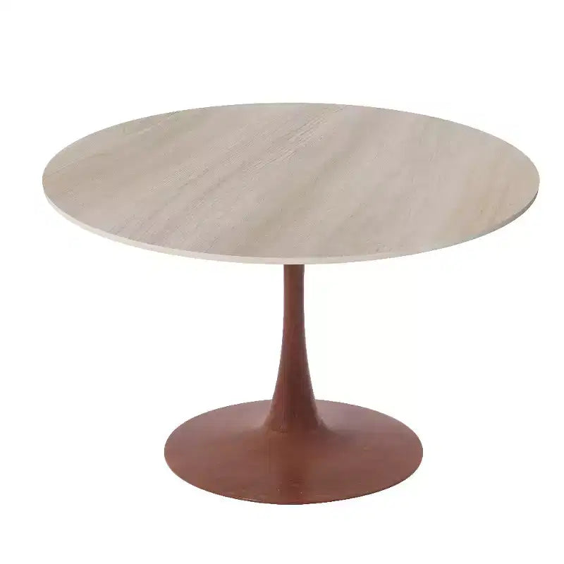 Table de salle à manger ronde LeisureMod Bristol 31 avec plateau en pierre frittée et piètement central en acier couleur cerisier pour cuisine et salle à manger modernes