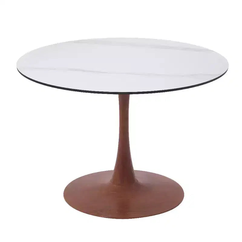 Table de salle à manger ronde LeisureMod Bristol 31 avec plateau en pierre frittée et piètement central en acier couleur cerisier pour cuisine et salle à manger modernes