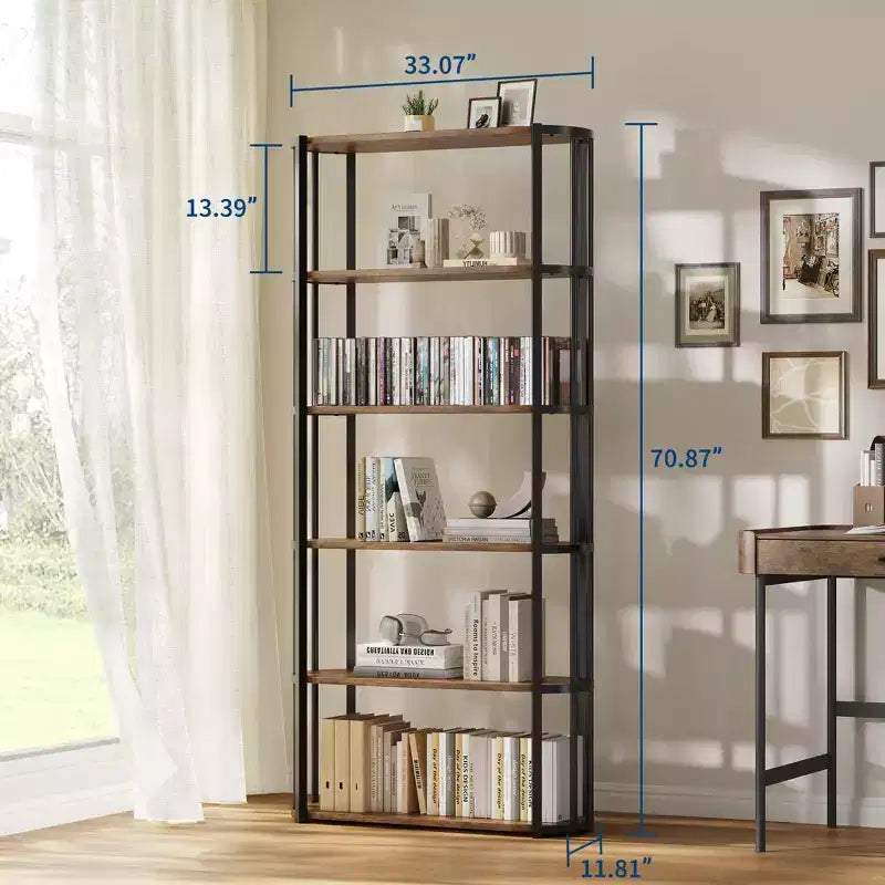 Bibliothèque haute GUSTOWAVE de 180 cm, étagère industrielle à 6 niveaux avec cadre métallique robuste, étagères de rangement de style ferme