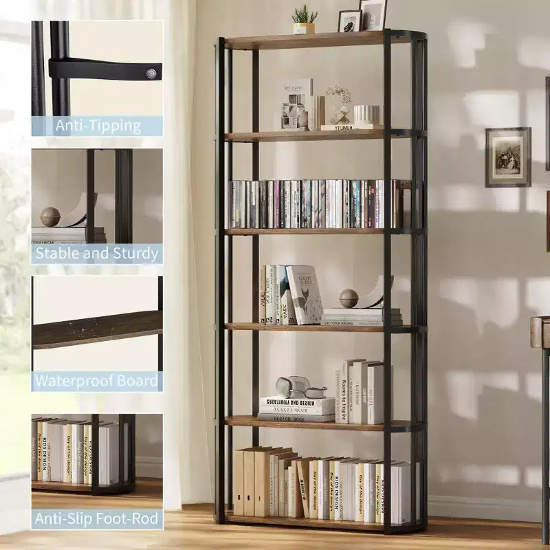 Bibliothèque haute GUSTOWAVE de 180 cm, étagère industrielle à 6 niveaux avec cadre métallique robuste, étagères de rangement de style ferme