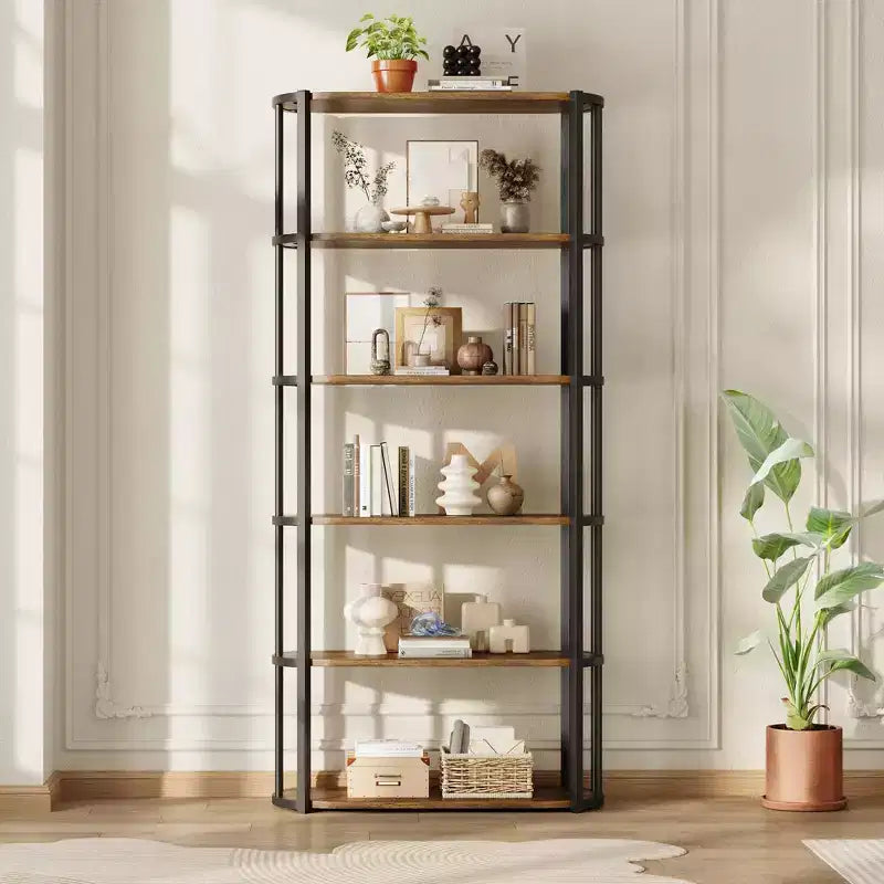 Bibliothèque haute GUSTOWAVE de 180 cm, étagère industrielle à 6 niveaux avec cadre métallique robuste, étagères de rangement de style ferme