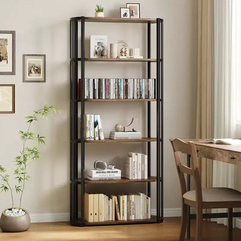 Bibliothèque haute GUSTOWAVE de 180 cm, étagère industrielle à 6 niveaux avec cadre métallique robuste, étagères de rangement de style ferme