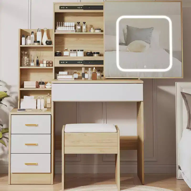Coiffeuse avec miroir coulissant et lumières, ensemble de coiffeuse avec 4 tiroirs, tabouret, étagères ouvertes