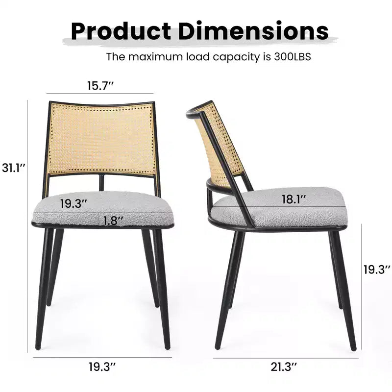 PexFix Lot de 2 chaises de salle à manger modernes du milieu du siècle, chaises de cuisine avec dossier en rotin et cadre en métal, chaises d'appoint rembourrées en tissu bouclé, blanc