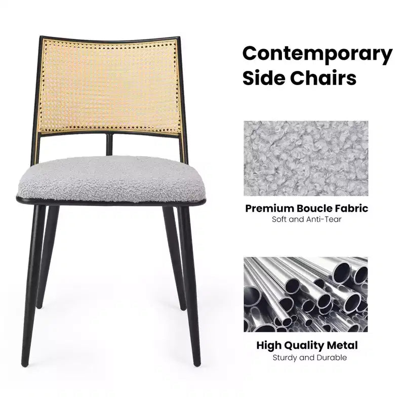 PexFix Lot de 2 chaises de salle à manger modernes du milieu du siècle, chaises de cuisine avec dossier en rotin et cadre en métal, chaises d'appoint rembourrées en tissu bouclé, blanc