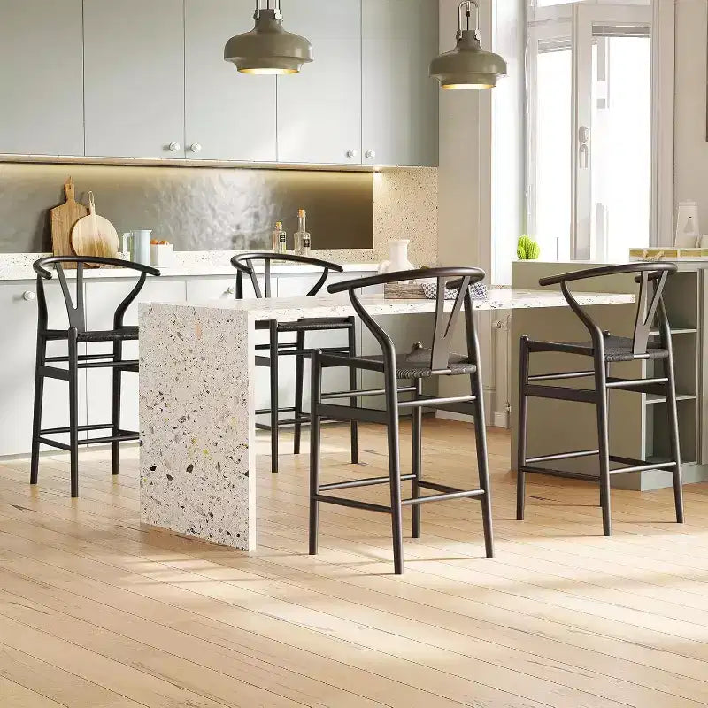 PexFix Tabouret de bar Wishbone entièrement assemblé, hauteur comptoir, tressé, pour îlot de cuisine, noir