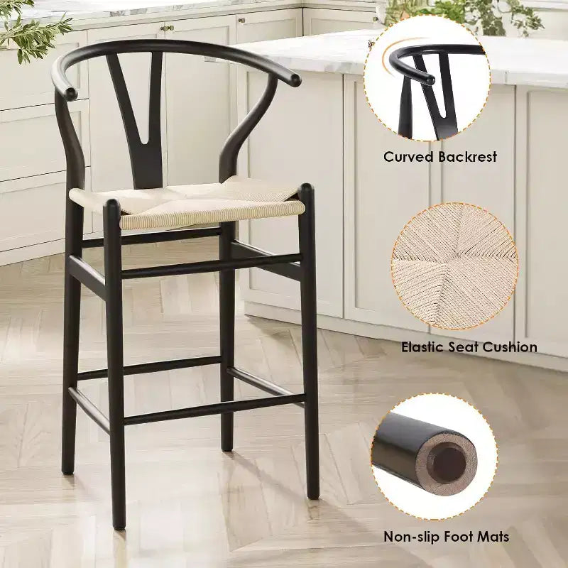 PexFix Tabouret de bar Wishbone entièrement assemblé, hauteur comptoir tressé pour îlot de cuisine, beige