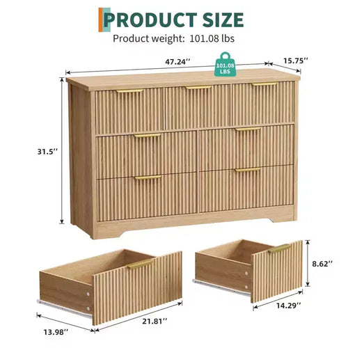 Commode cannelée de 47,24 po pour chambre à coucher avec 7 tiroirs, commode longue en bois avec poignée en métal, meuble commode meuble TV en bois