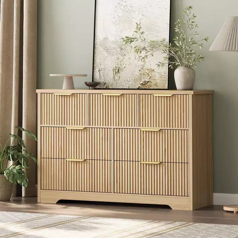 Commode cannelée de 47,24 po pour chambre à coucher avec 7 tiroirs, commode longue en bois avec poignée en métal, meuble commode meuble TV en bois
