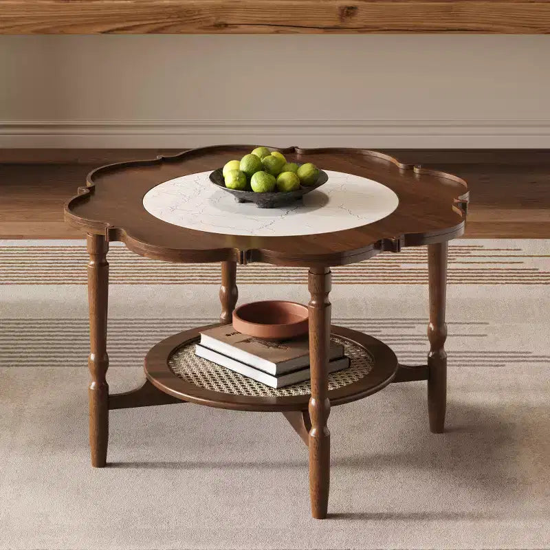Table basse à 2 niveaux Zeus & Ruta de style Mid-Century avec plateau en verre craquelé blanc et étagère en rotin, motif pétales, finition noyer, 80 cm