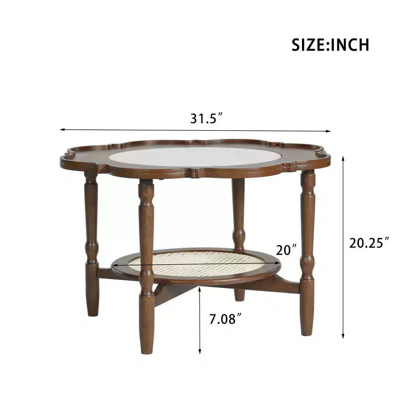 Table basse à 2 niveaux Zeus & Ruta de style Mid-Century avec plateau en verre craquelé blanc et étagère en rotin, motif pétales, finition noyer, 80 cm