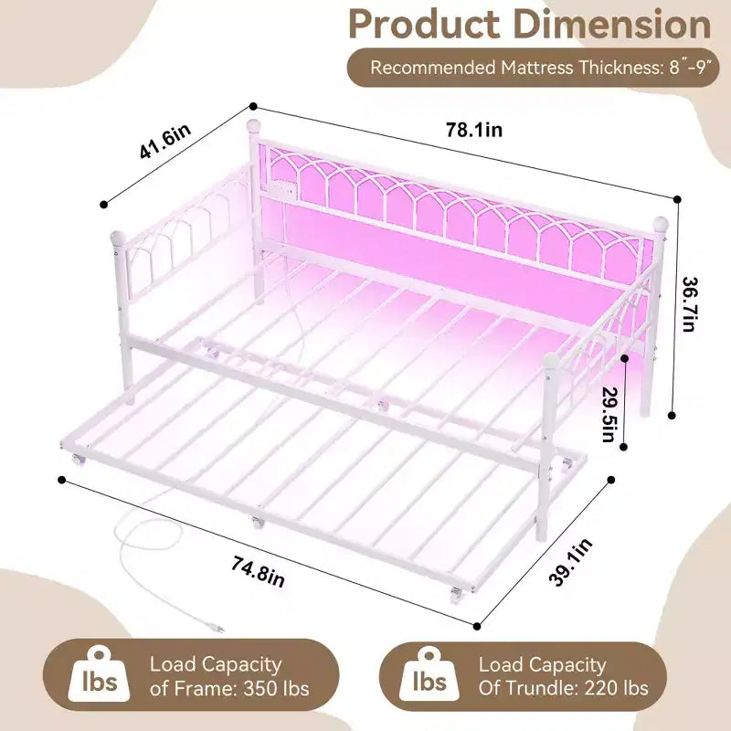Cadre de lit plateforme en métal robuste GUSTOWAVE, avec station de recharge et lumières LED