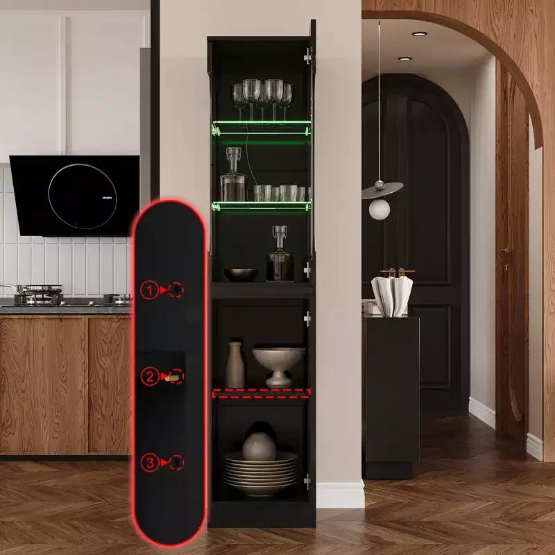 Famapy Armoire haute de présentation noire avec lumières LED - Rangement moderne pour verrerie et objets de décoration