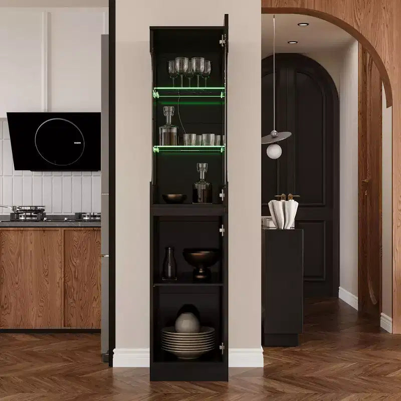 Famapy Armoire haute de présentation noire avec lumières LED - Rangement moderne pour verrerie et objets de décoration